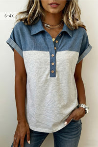 Color Block Denim Polo Top
