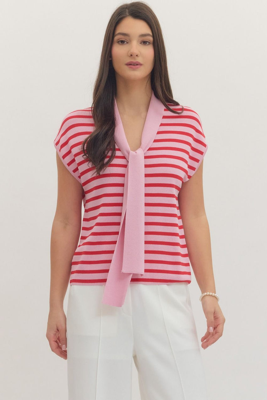 T30754 Striped Self Tie Knit Top