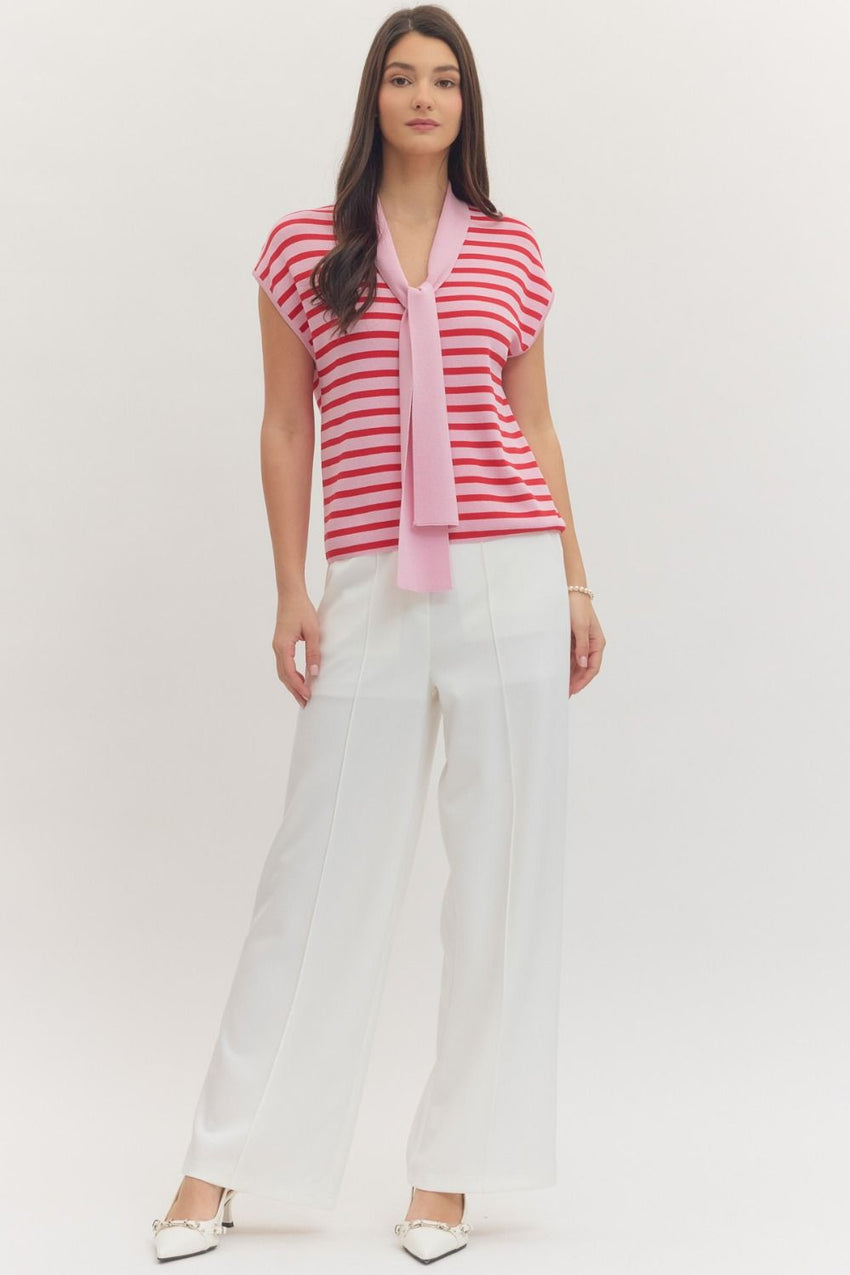 T30754 Striped Self Tie Knit Top