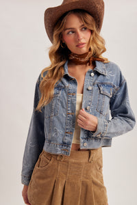 33962 Bow Print Denim Jacket