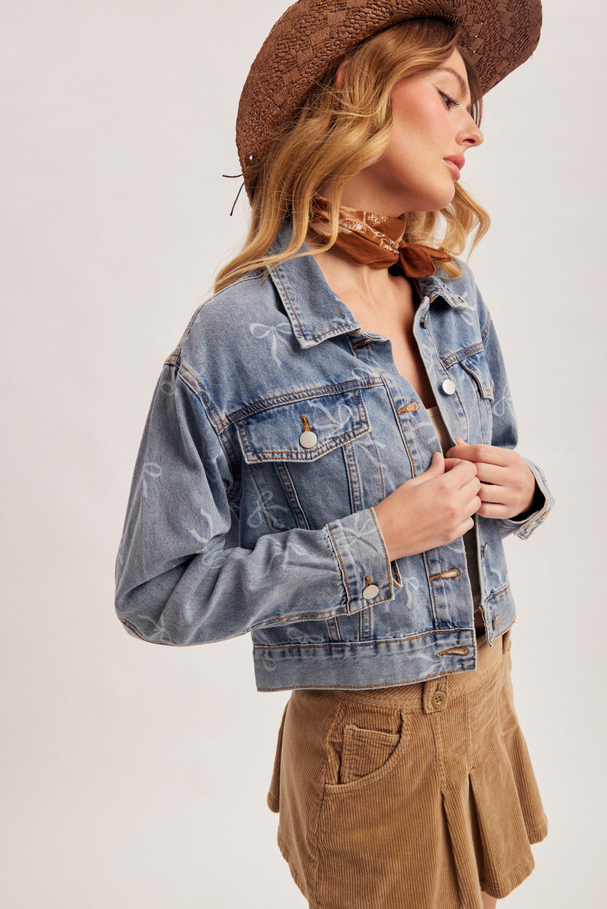 33962 Bow Print Denim Jacket
