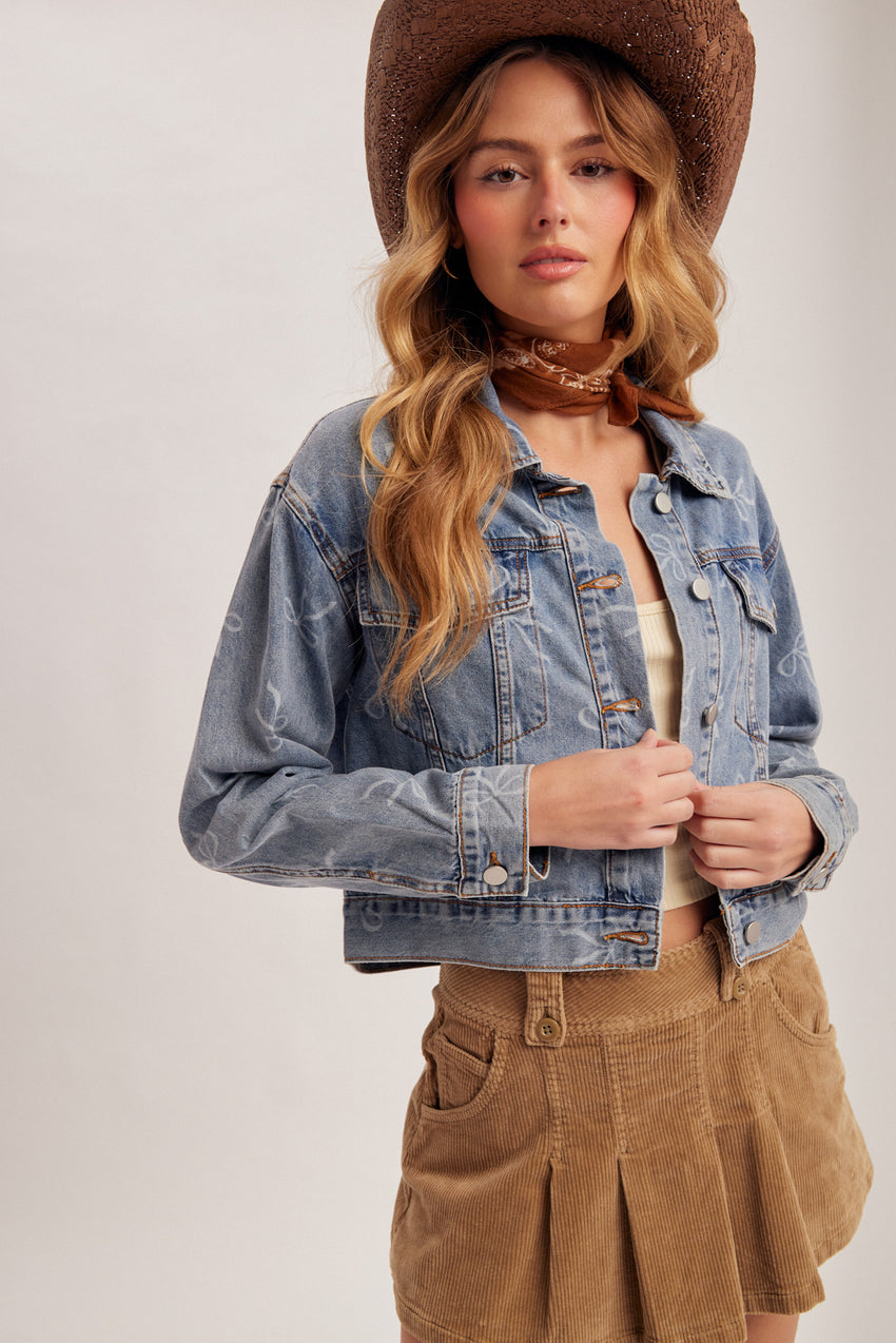 33962 Bow Print Denim Jacket