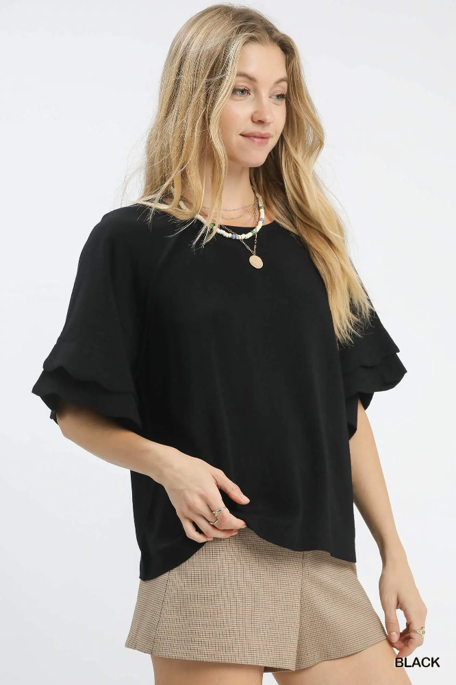 C5605 Black Scalloped Sleeve Top