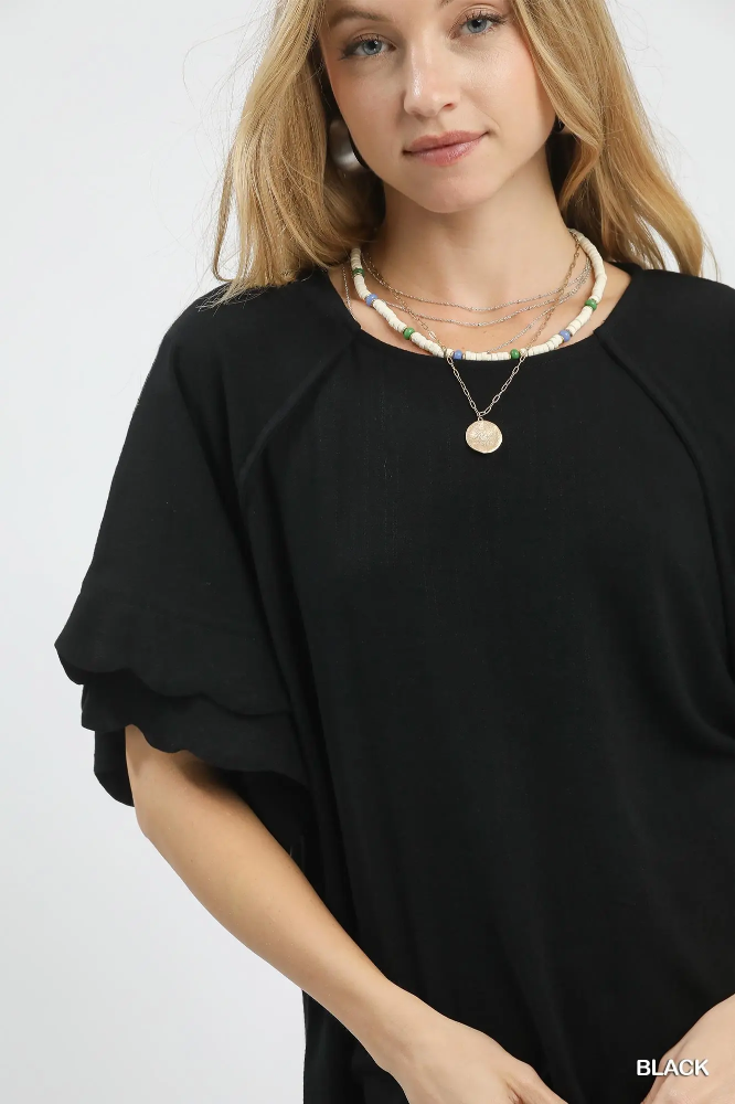C5605 Black Scalloped Sleeve Top