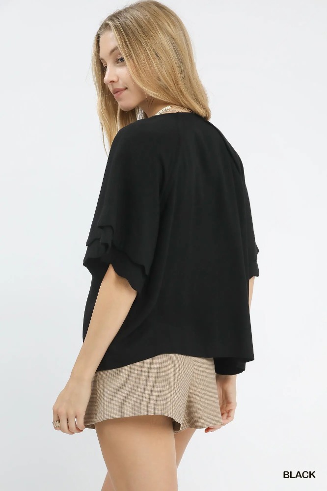 C5605 Black Scalloped Sleeve Top