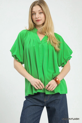 C5966 Linen Flutter Sleeve Top