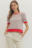 T30445 Striped Short Puff Sleeve Top