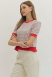 T30445 Striped Short Puff Sleeve Top