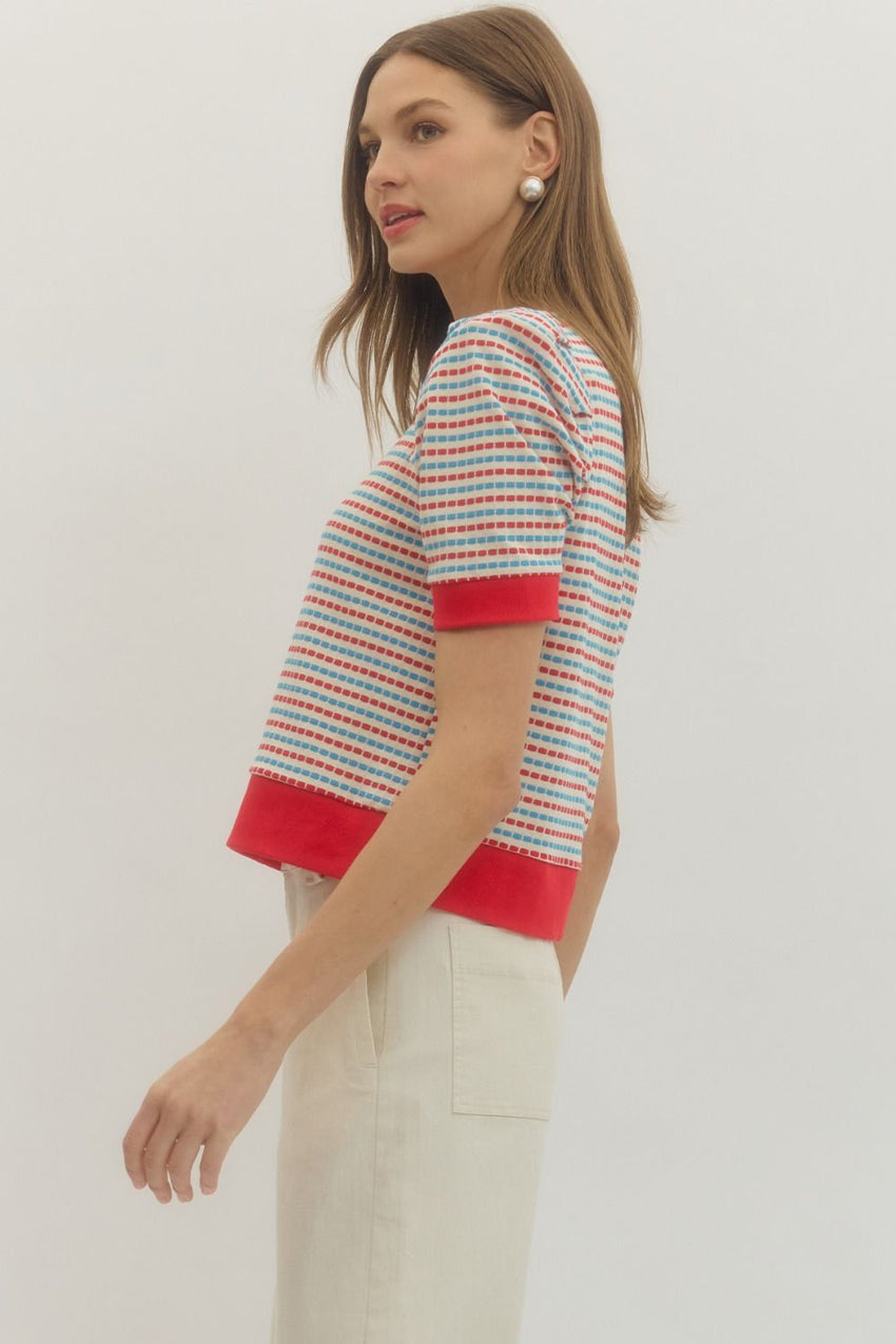 T30445 Striped Short Puff Sleeve Top