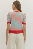 T30445 Striped Short Puff Sleeve Top