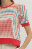 T30445 Striped Short Puff Sleeve Top