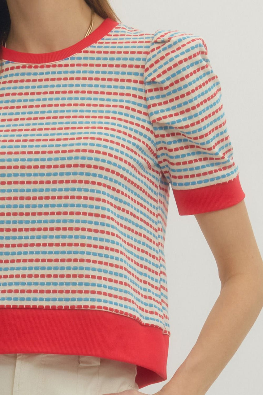T30445 Striped Short Puff Sleeve Top