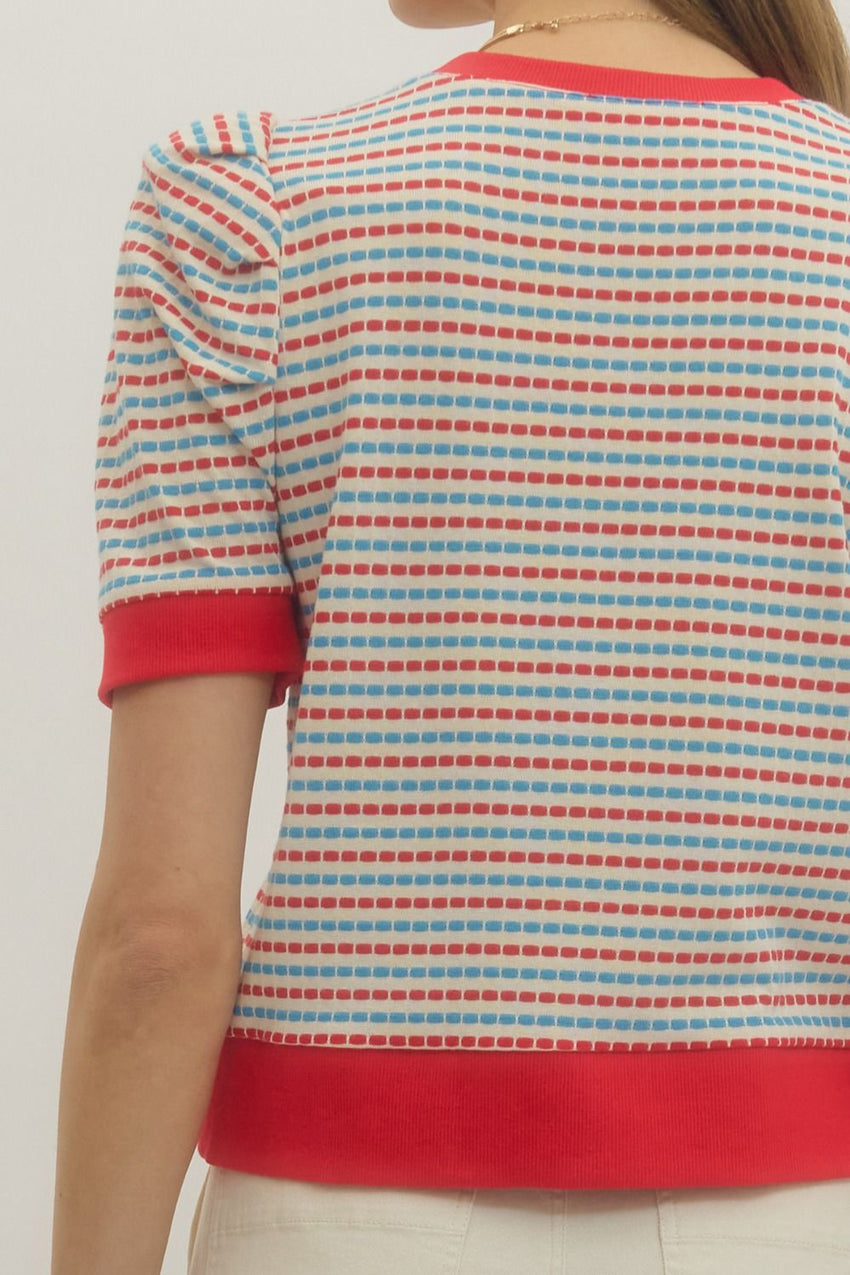 T30445 Striped Short Puff Sleeve Top