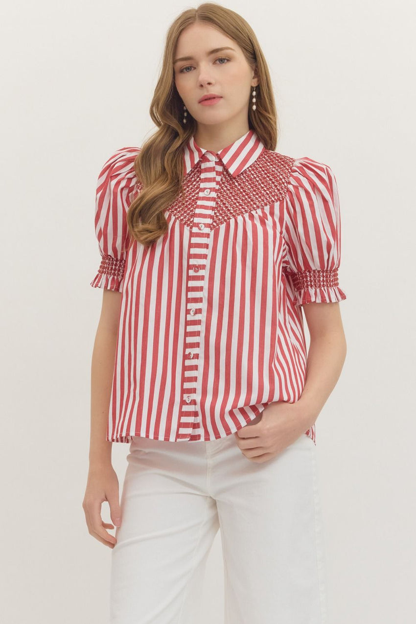 T29322 Striped Short Puff Sleeve Top