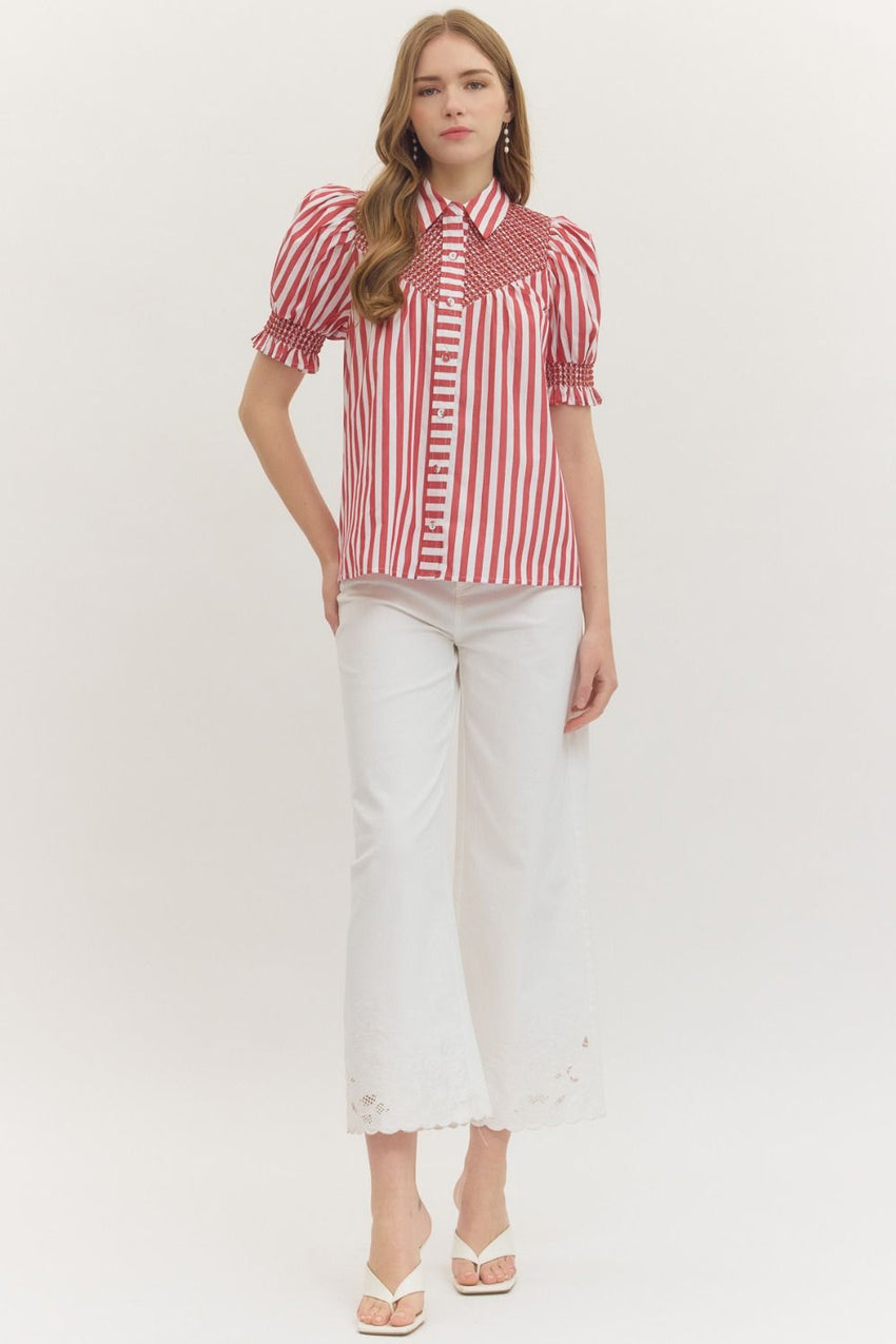 T29322 Striped Short Puff Sleeve Top