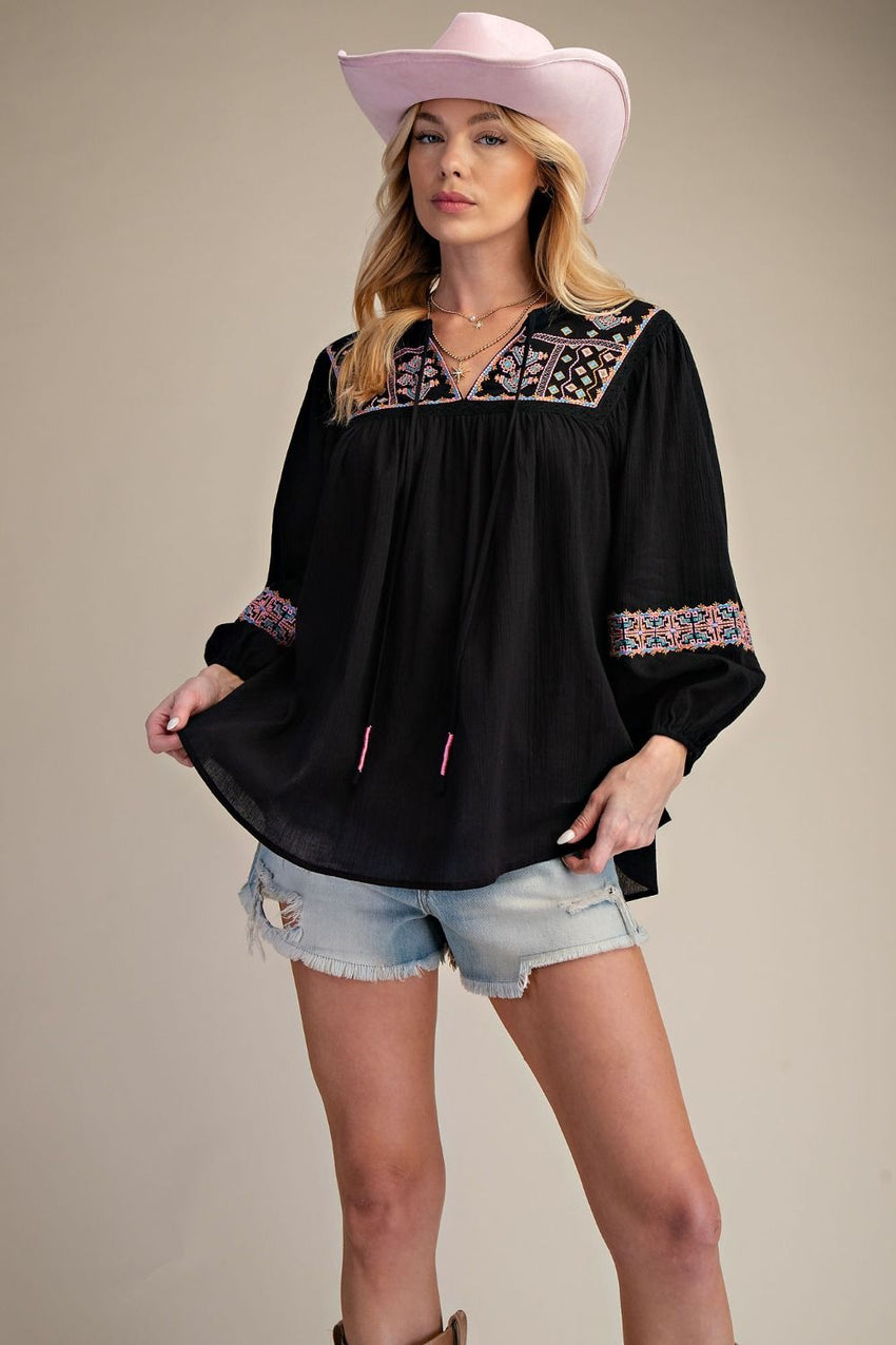 ET28939 Black Embroidery Guaze Top