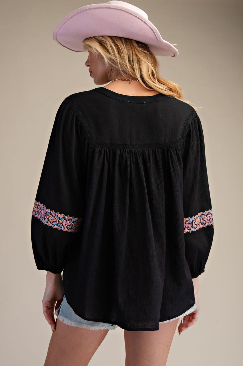 ET28939 Black Embroidery Guaze Top