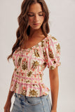 37890 Pink Floral Smocked Top