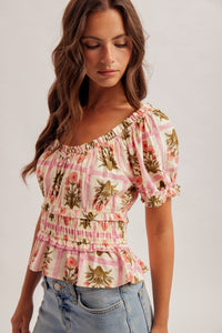 37890 Pink Floral Smocked Top