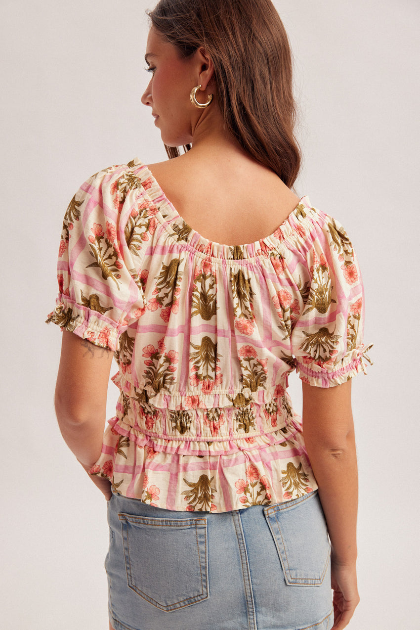 37890 Pink Floral Smocked Top