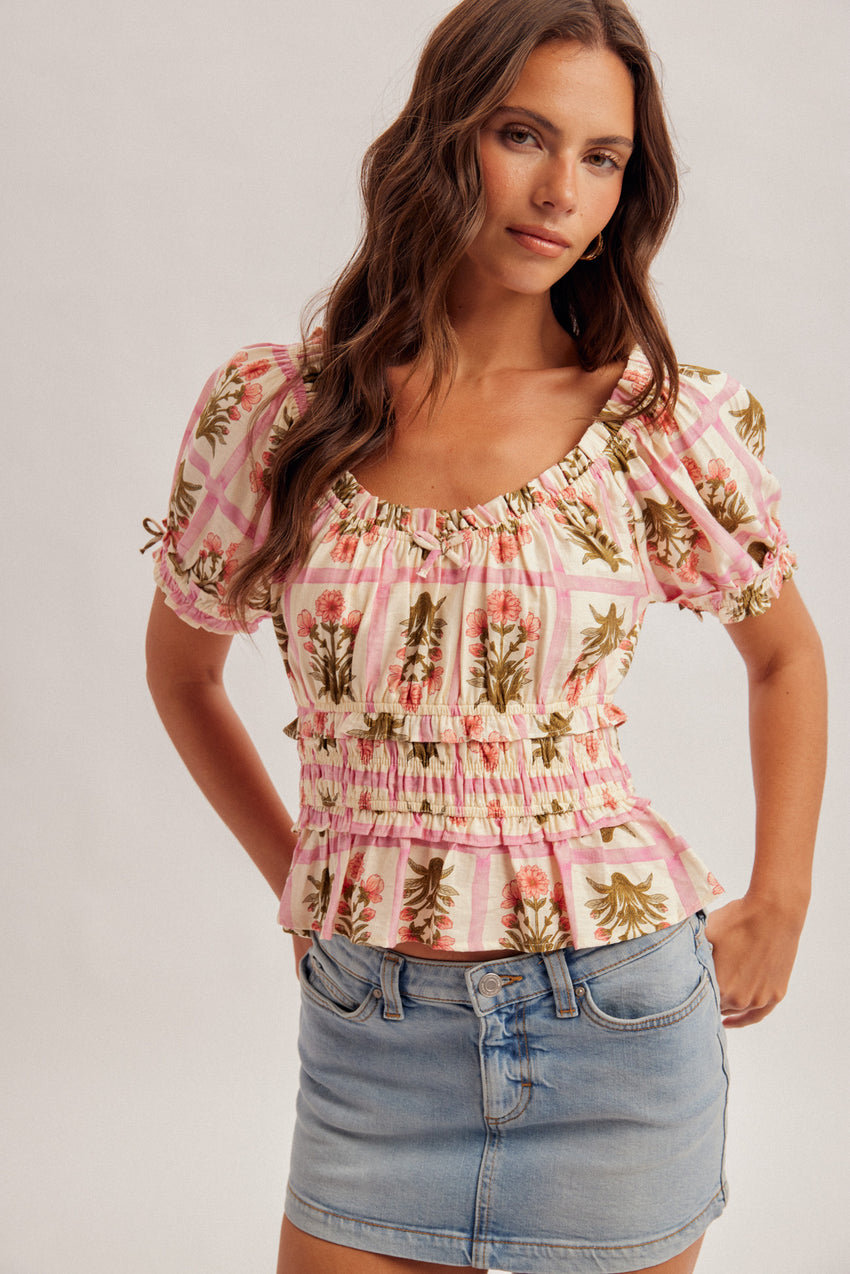 37890 Pink Floral Smocked Top