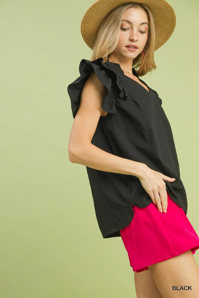 C5992 Black Ruffle Sleeve Top