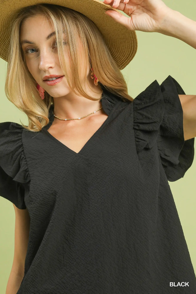C5992 Black Ruffle Sleeve Top