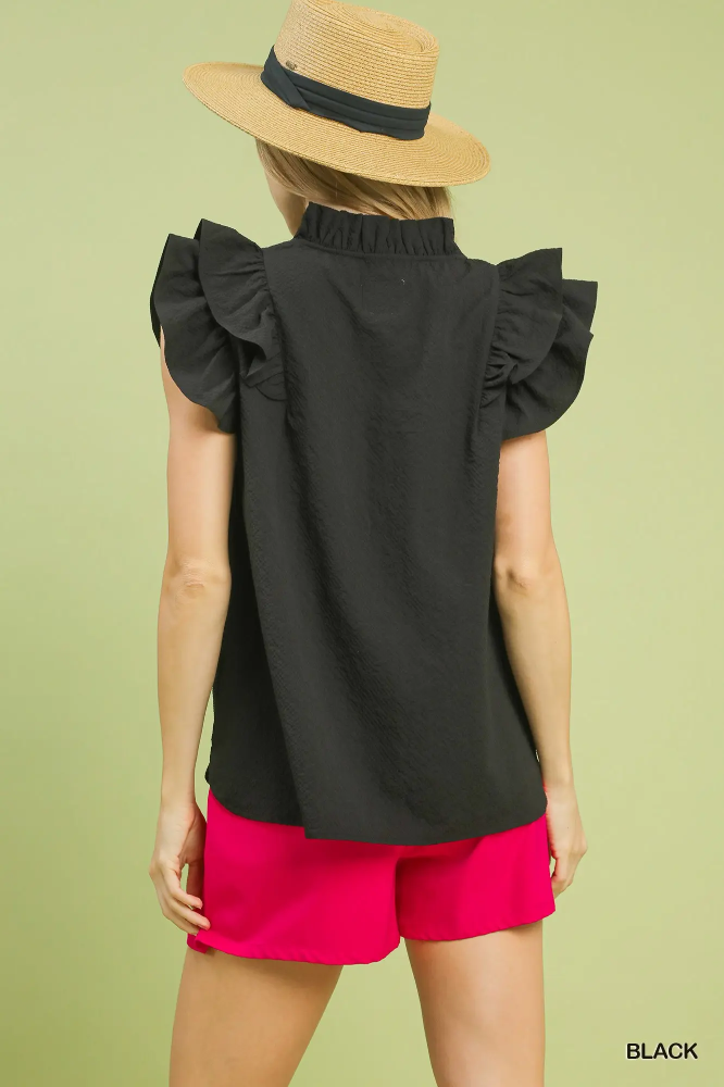 C5992 Black Ruffle Sleeve Top