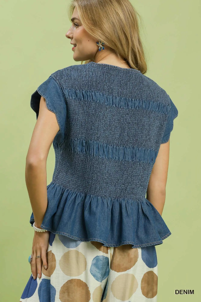 C8407-T Denim Smocked Top