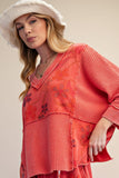 ET72017 3/4 Slv Print Mix V Neck Top