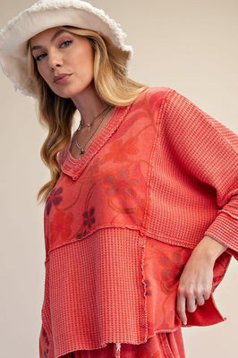 ET72017 3/4 Slv Print Mix V Neck Top
