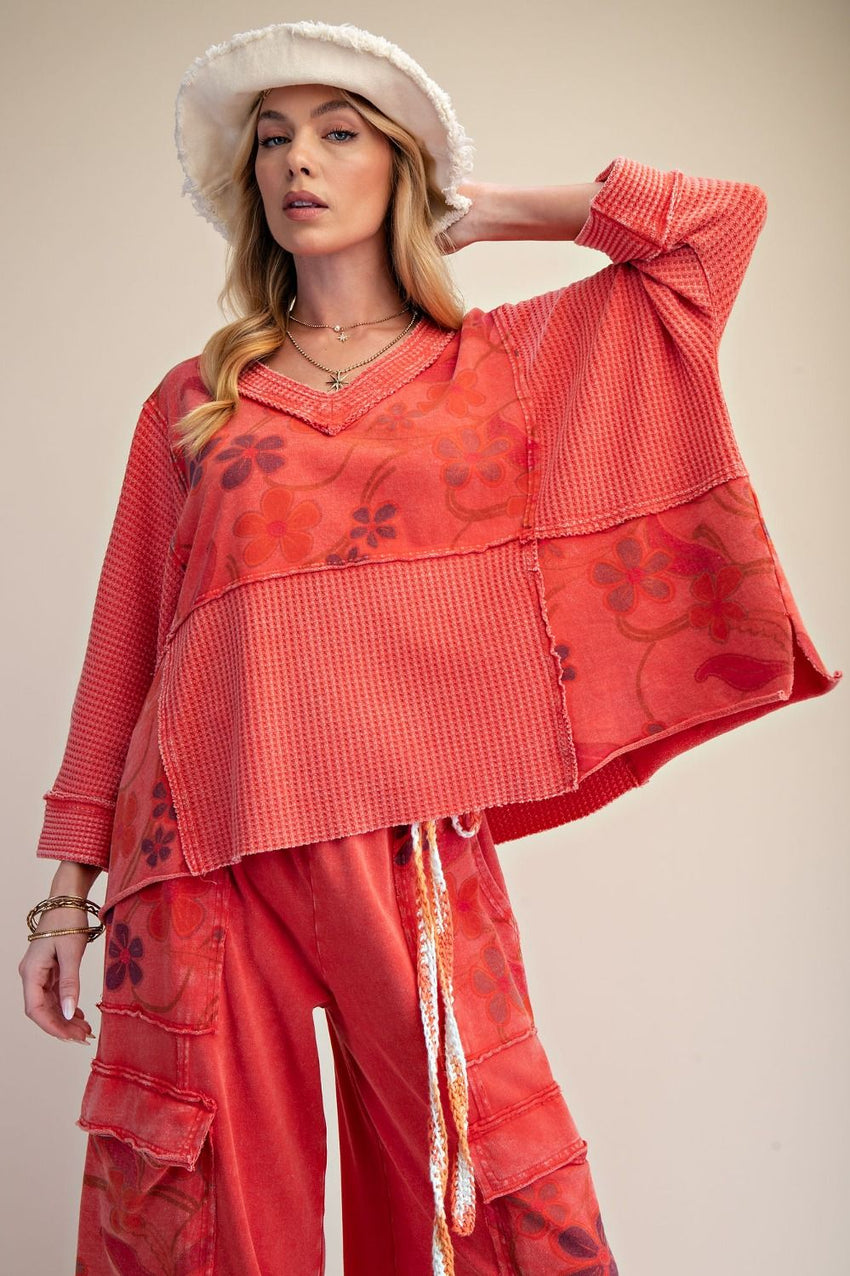 ET72017 3/4 Slv Print Mix V Neck Top