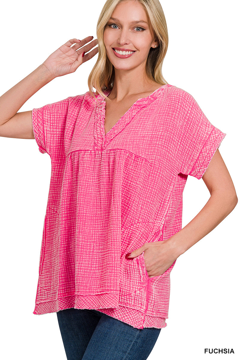 QTW-1376A Guaze Short Sleeve Top