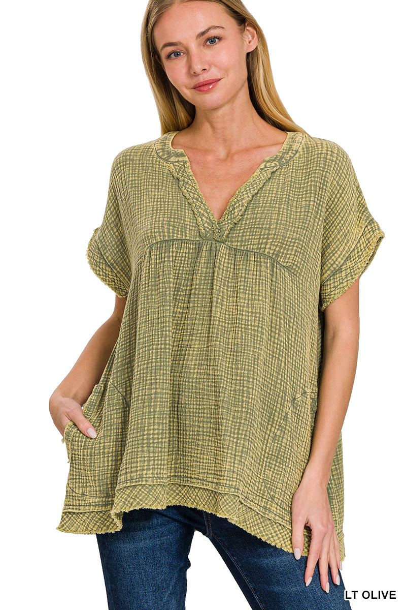 QTW-1376A Lt Olive Guaze SS Top