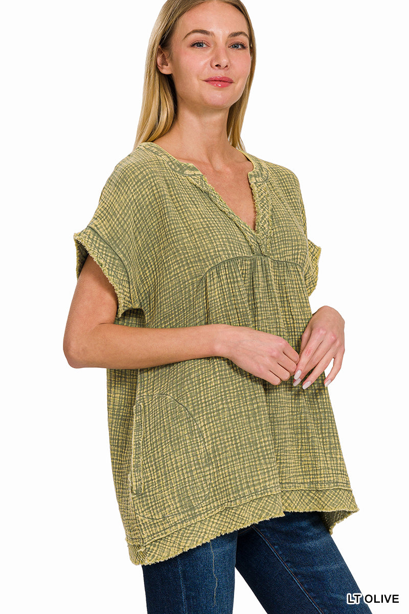 QTW-1376A Lt Olive Guaze SS Top