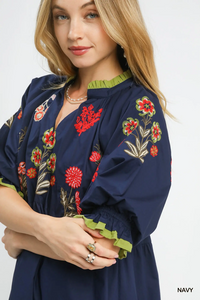 C5792 Navy Embroidered Floral Tiered Dress