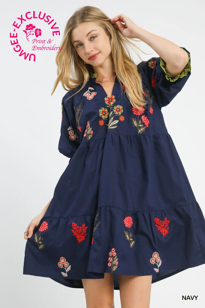 C5792 Navy Embroidered Floral Tiered Dress