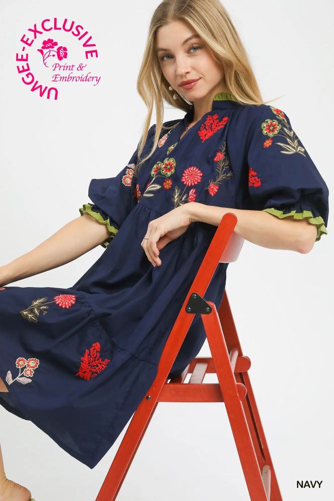 C5792 Navy Embroidered Floral Tiered Dress