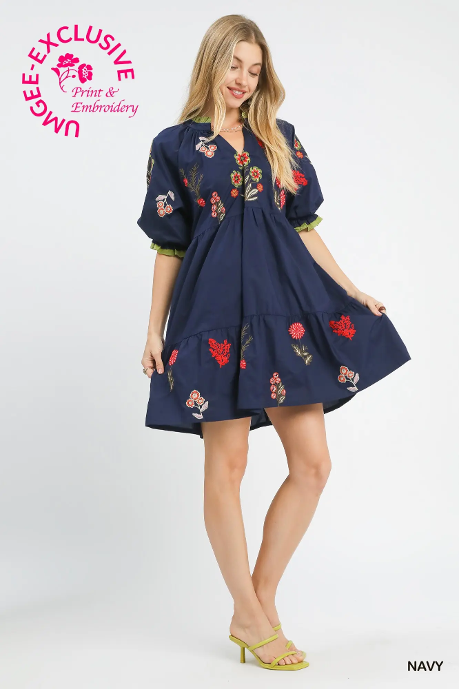 C5792 Navy Embroidered Floral Tiered Dress