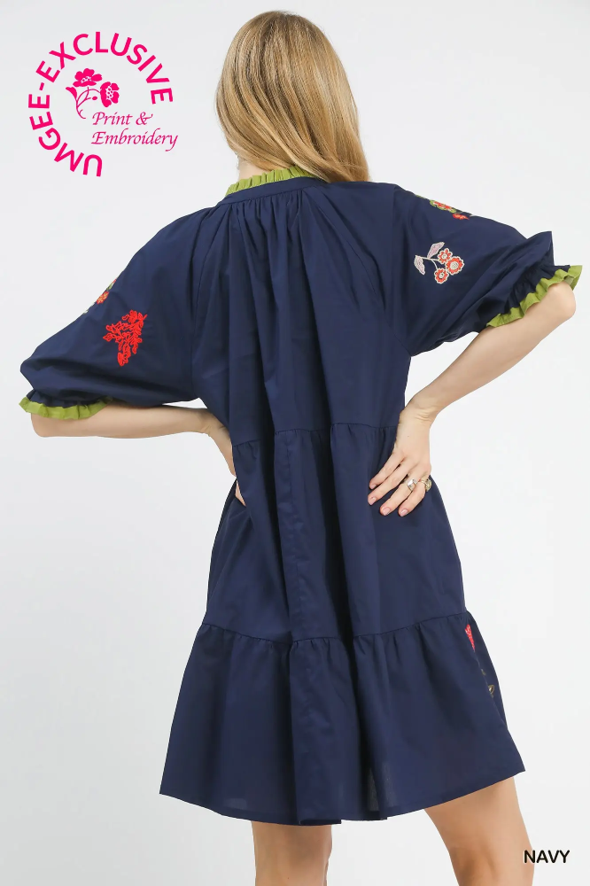 C5792 Navy Embroidered Floral Tiered Dress