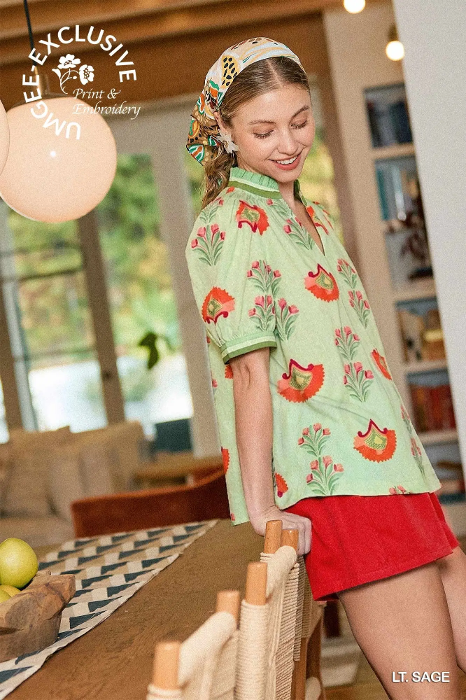 K1827 Lt Sage Puff Sleeve Blouse