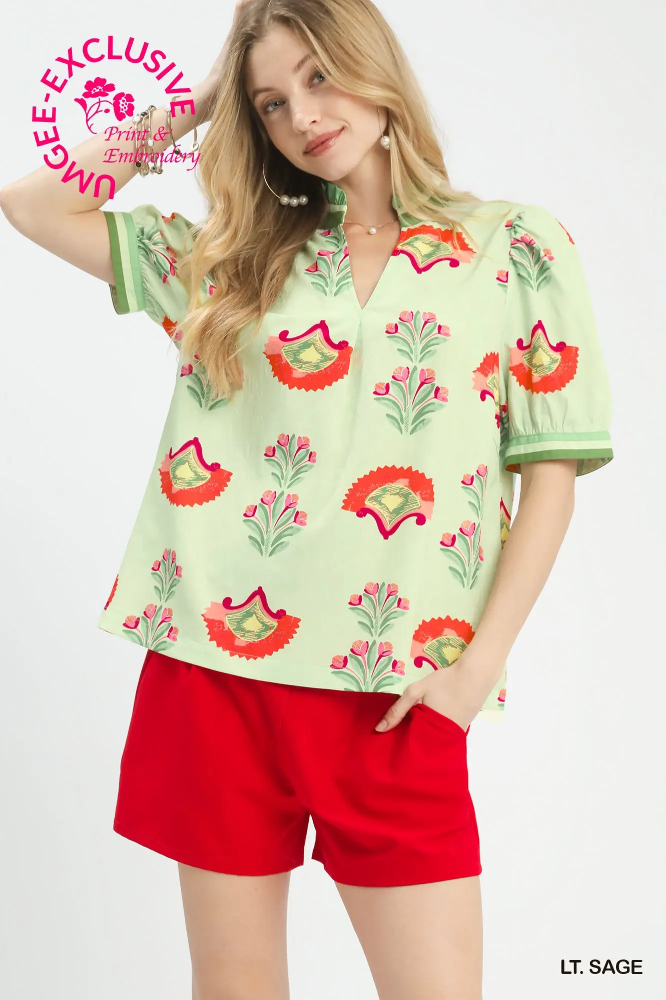 K1827 Lt Sage Puff Sleeve Blouse