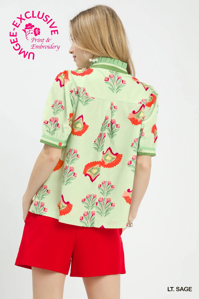 K1827 Lt Sage Puff Sleeve Blouse