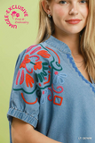 C6493 Lt Denim Embroidered Top