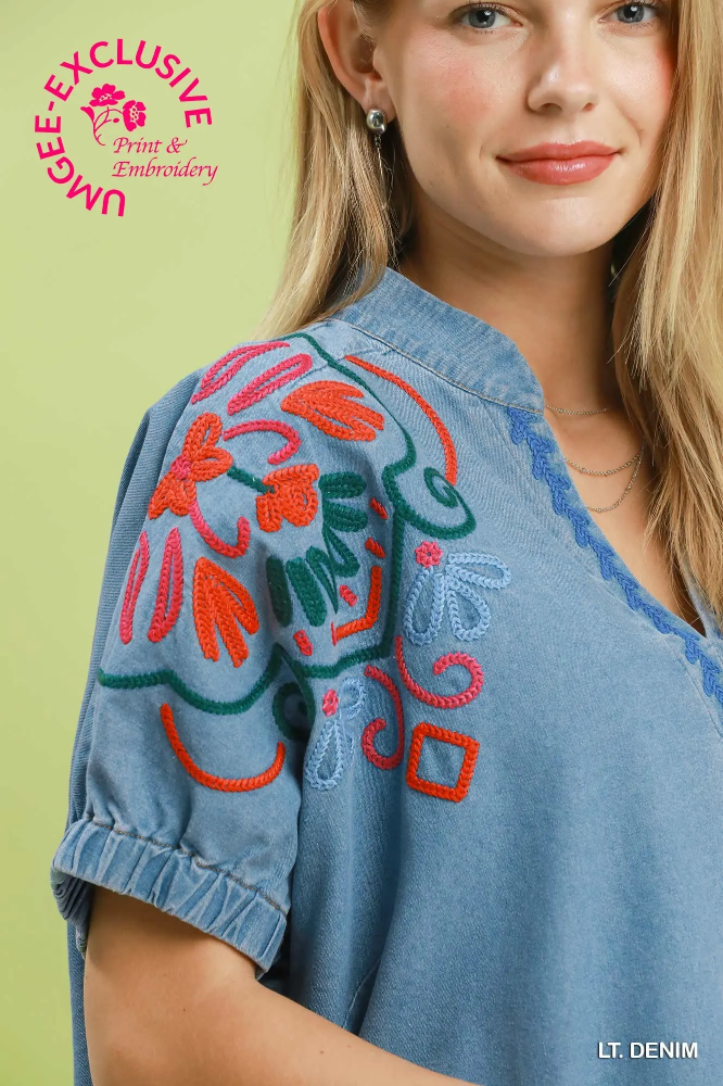 C6493 Lt Denim Embroidered Top