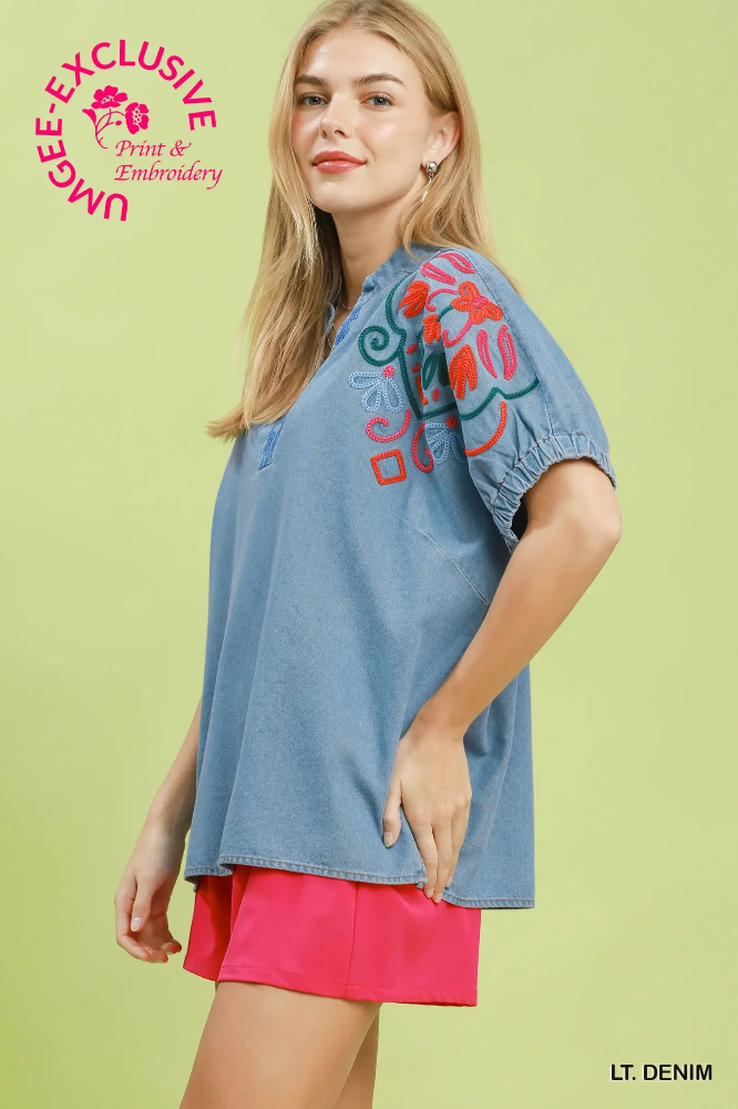 C6493 Lt Denim Embroidered Top