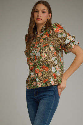 T32908 Floral Leopard Puff Sleeve Top