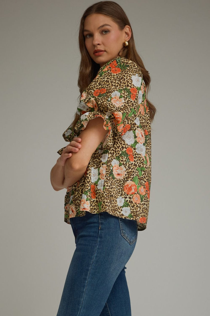 T32908 Floral Leopard Puff Sleeve Top