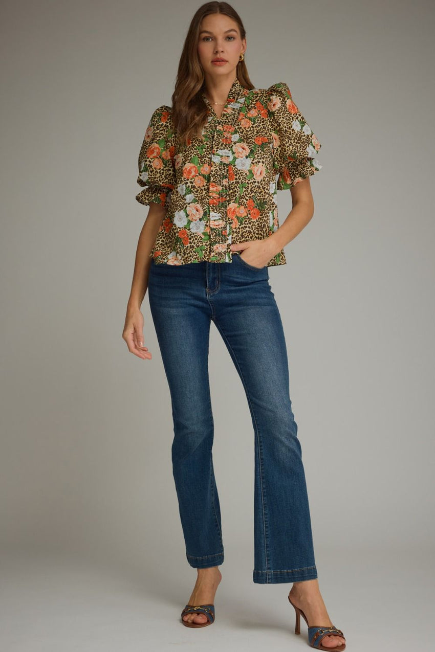 T32908 Floral Leopard Puff Sleeve Top