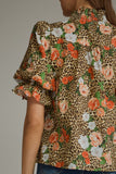 T32908 Floral Leopard Puff Sleeve Top